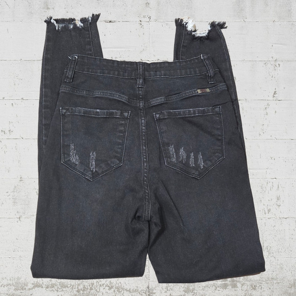 KanCan Black Denim Distressed High Waisted Fringe Fray Hem Skinny Jeans Size 25 - Picture 3 of 8